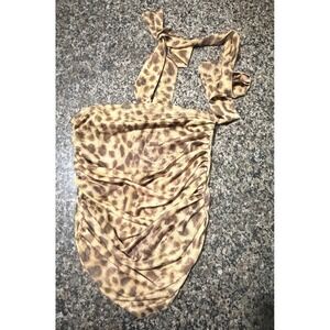 Leopard Print Ruched Halter Top Brown Tan Handkerchief Hem Medium